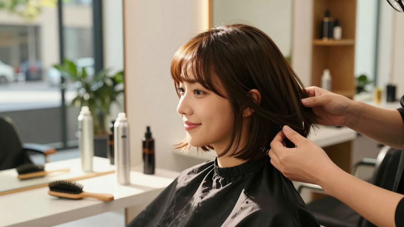 Mujer con corte de pelo bob siendo peinada en una peluquería moderna y luminosa.