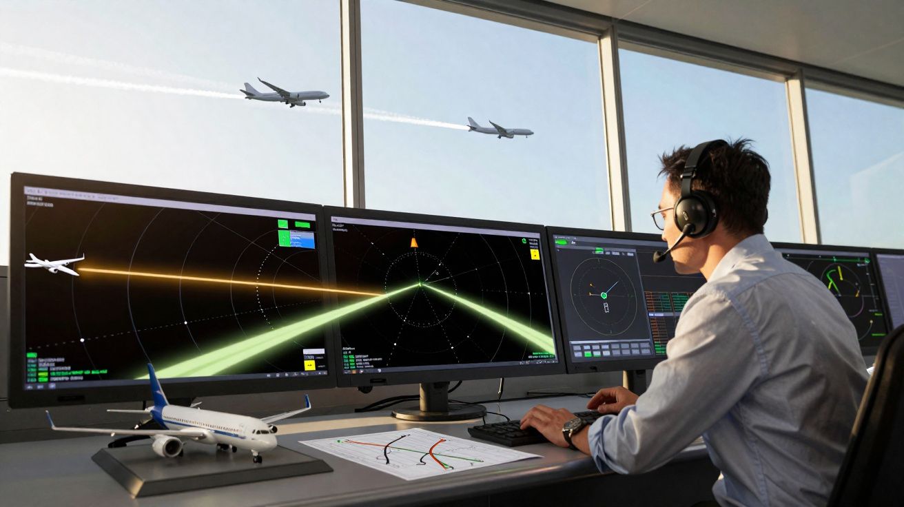 Controlador aéreo con auriculares monitorea vuelos en pantallas con radar, aviones volando y modelo de avión en escritorio.