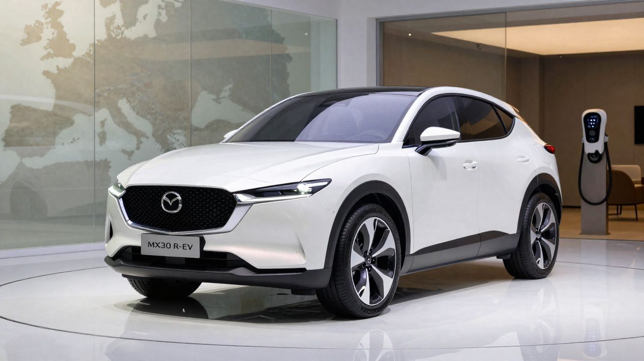 Coche eléctrico Mazda MX30 R-EV blanco estacionado en espacio moderno con estación de carga a la derecha.