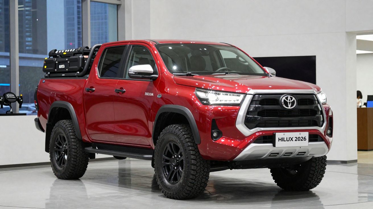 Pick-up Toyota Hilux 2026 roja con neumáticos todoterreno exhibida en un salón de vehículos.
