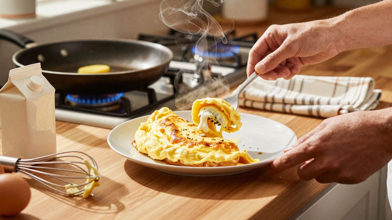 Manos sirviendo un trozo de tortilla de huevo caliente rellena en un plato blanco en cocina.
