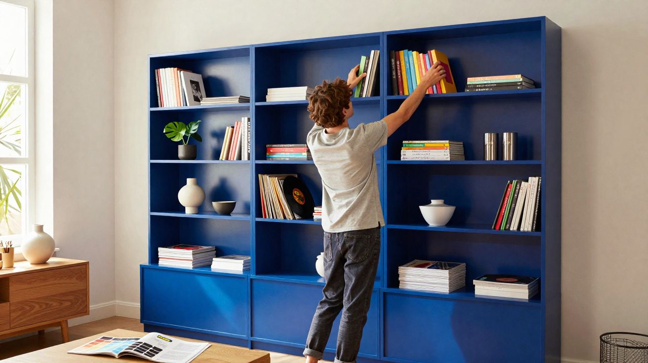 Joven organizando libros en una estantería azul en una sala con luz natural y muebles de madera clara.