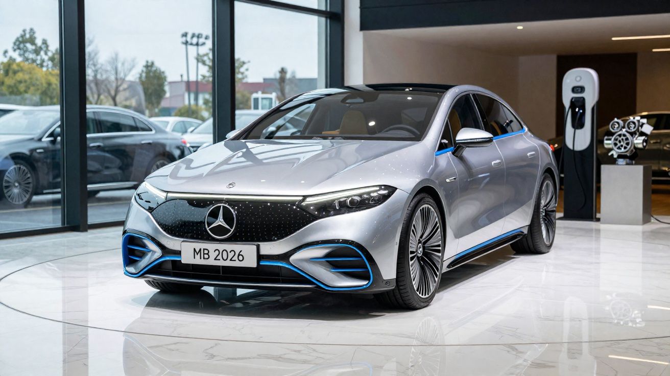 Coche eléctrico plateado Mercedes-Benz expuesto en exhibición con cargador en showroom moderno.