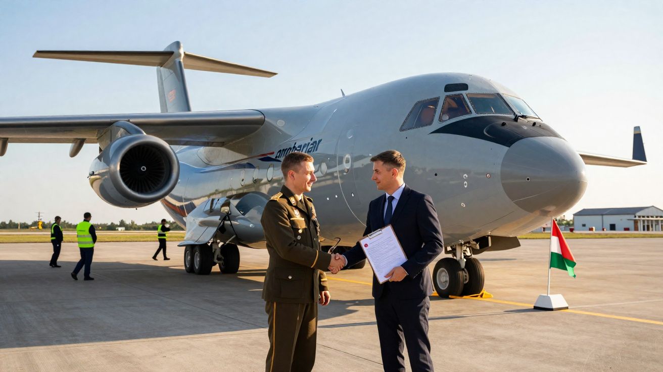 Dos hombres, uno militar y otro de traje, se estrechan la mano frente a un avión en pista de aeropuerto.