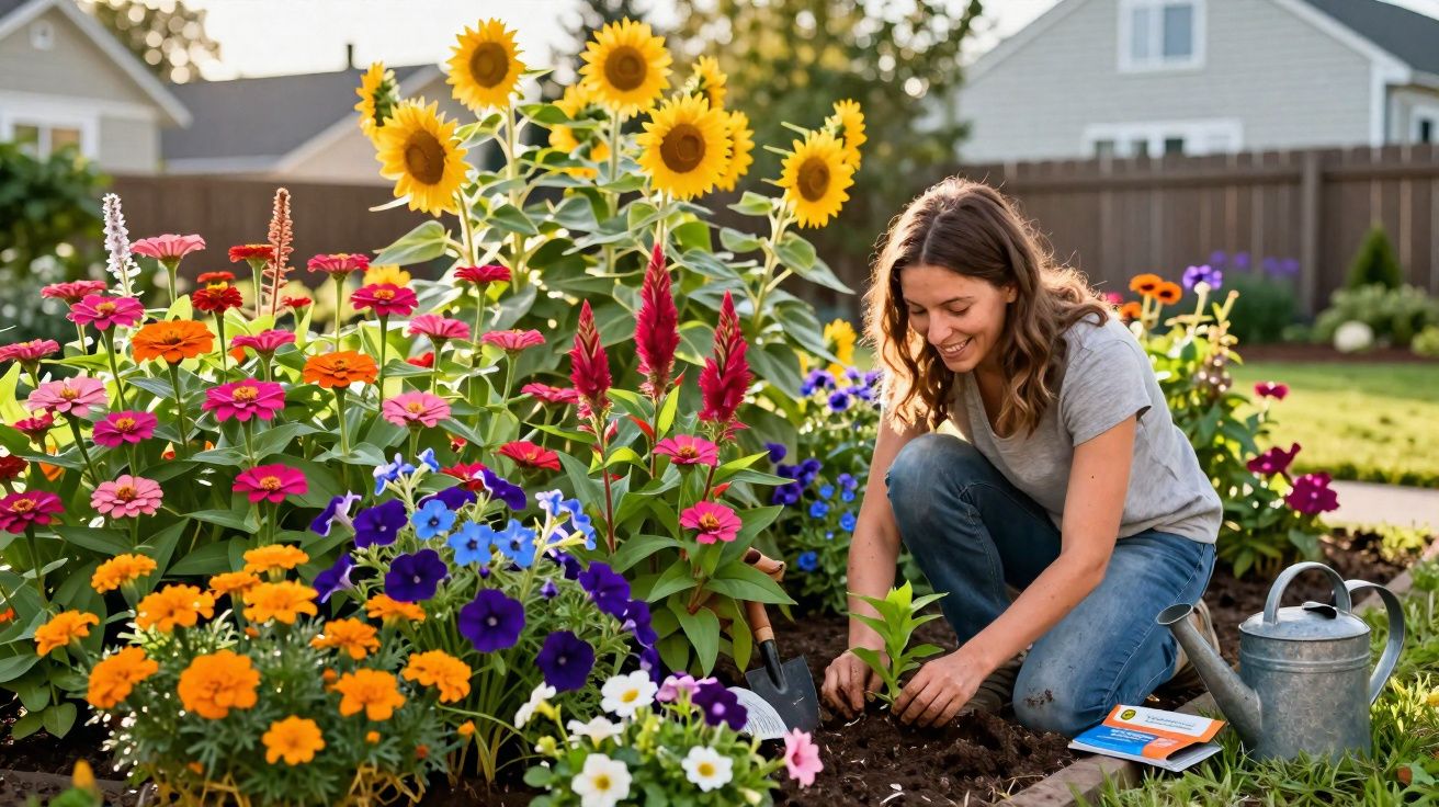 Mujer plantando una flor en un jardín colorido con girasoles y otras flores variadas al atardecer.