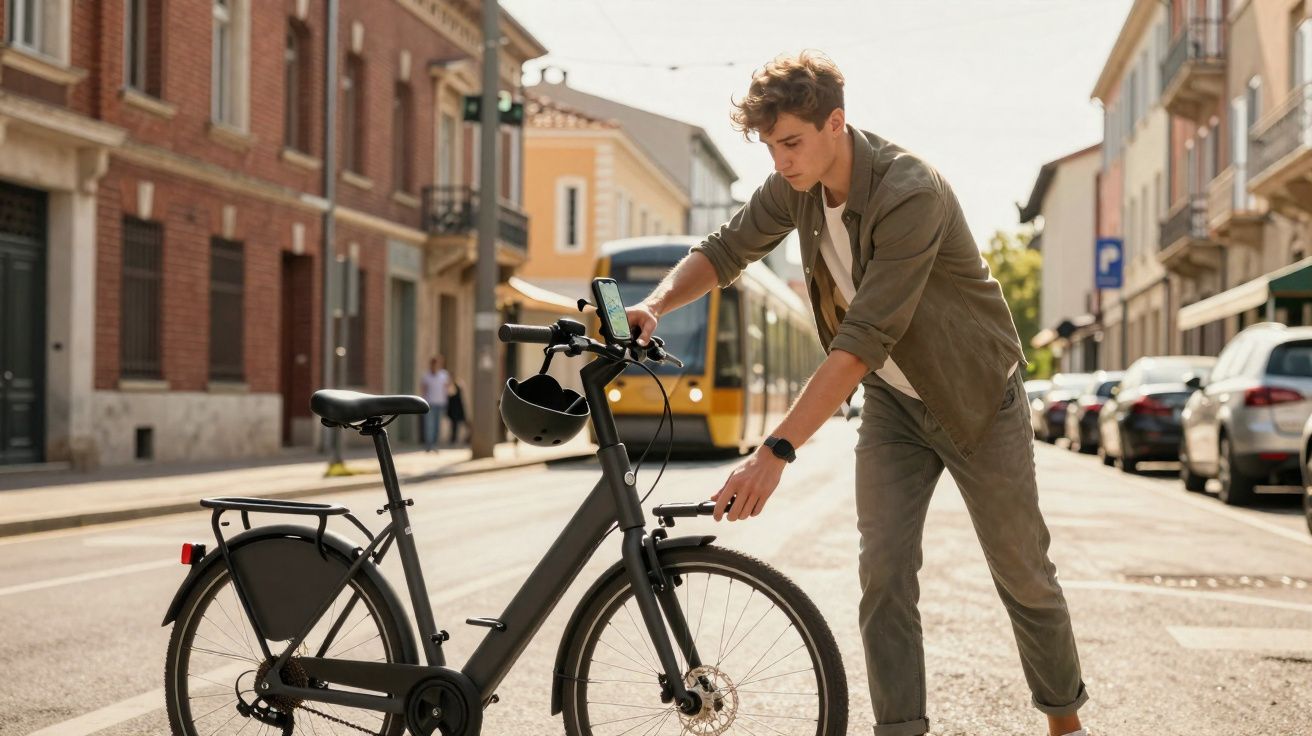 Joven revisando su bicicleta eléctrica negra en una calle urbana con tranvía de fondo.