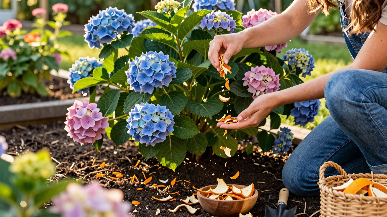 Persona esparciendo cáscaras de naranja sobre la tierra junto a hortensias de colores en un jardín.