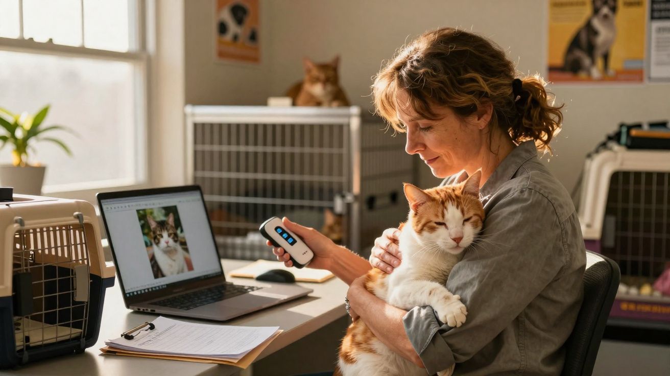Mujer abrazando un gato blanco y naranja en un consultorio veterinario con jaulas y portátil.
