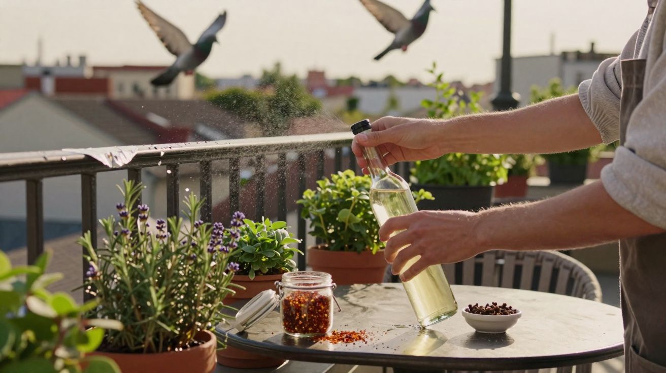 Persona rociando aceite sobre una mesa con plantas en macetas y pájaros volando al fondo.