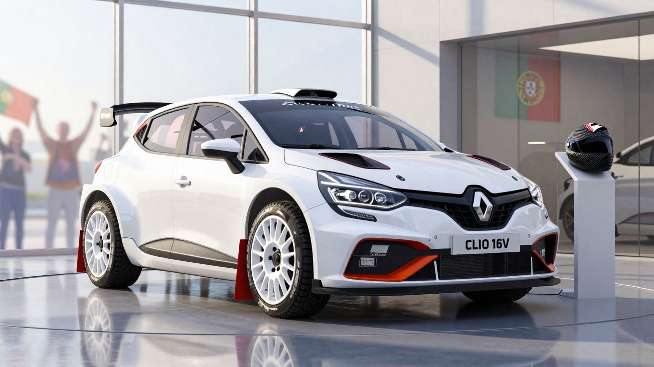 Coche de carreras Renault Clio 16V blanco en exposición con casco y bandera de Portugal al fondo.