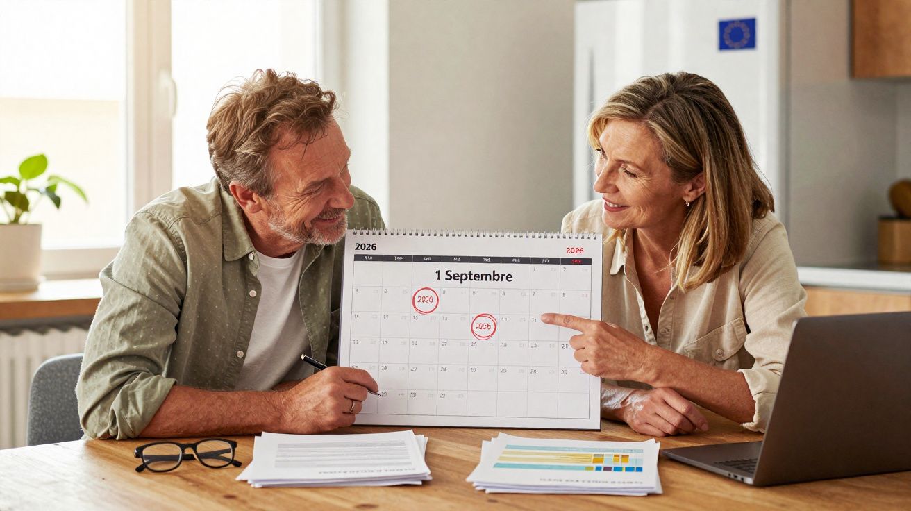 Pareja adulta señalando fechas en un calendario de septiembre mientras trabajan en una mesa con documentos y portátil.