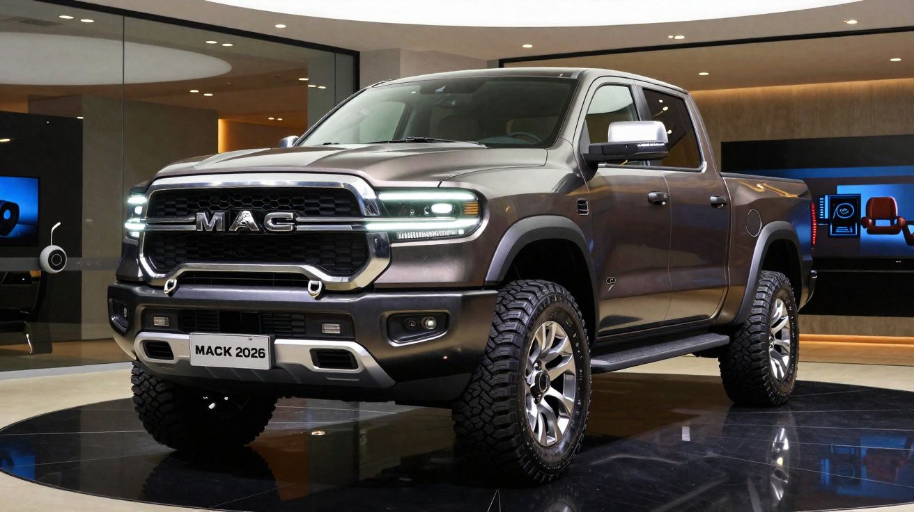 Pickup gris Mack 2026 con neumáticos todoterreno en exhibición interior moderna.