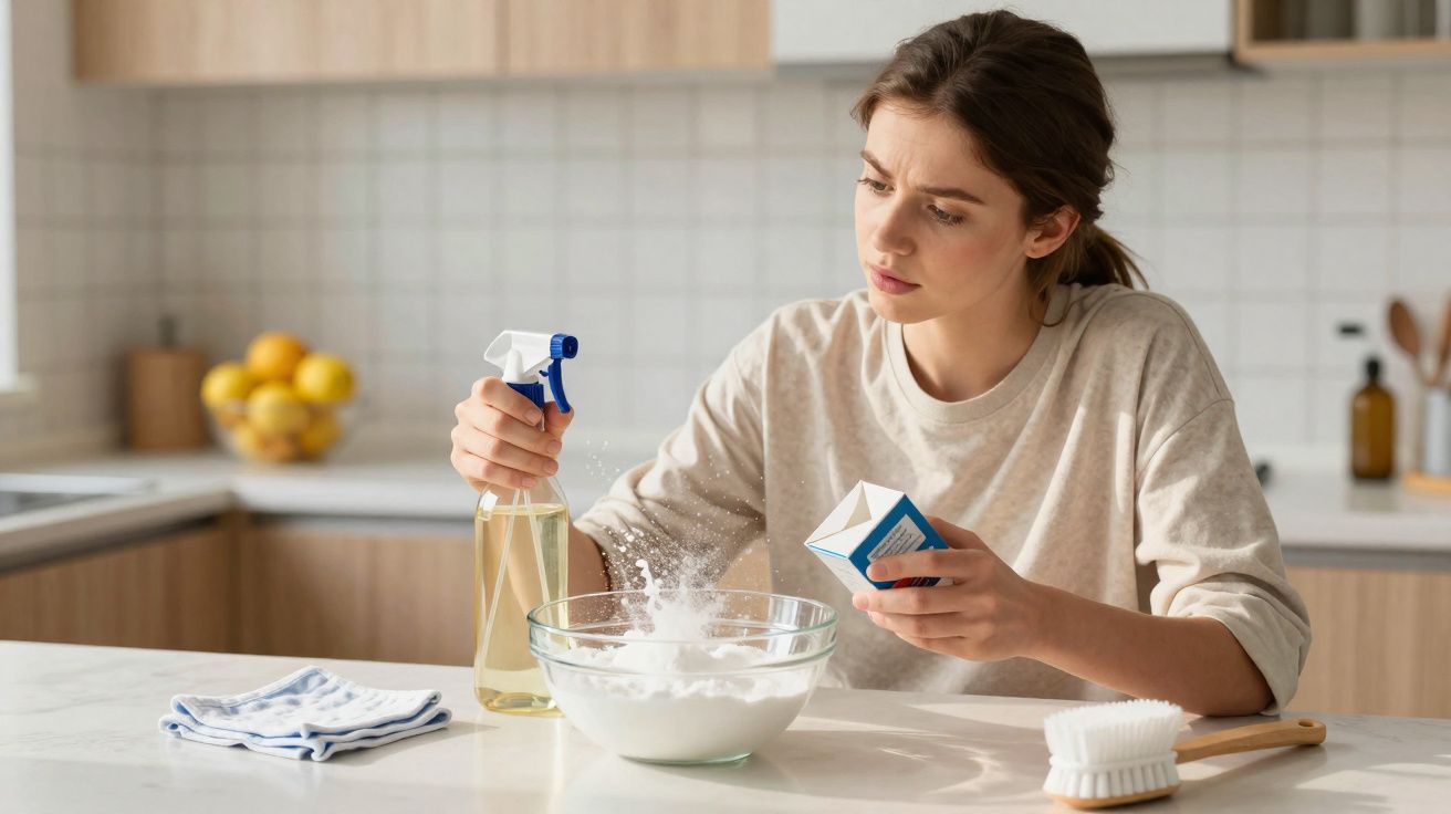 Mujer preparando una mezcla con spray y polvo blanco en un bol en la cocina.