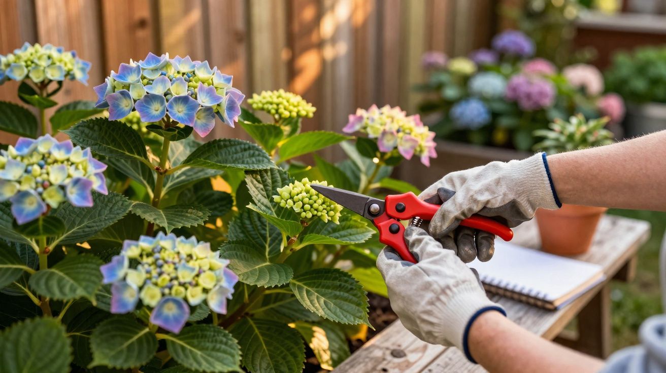 Manos con guantes podando flores de hortensias en un jardín con tijeras rojas.