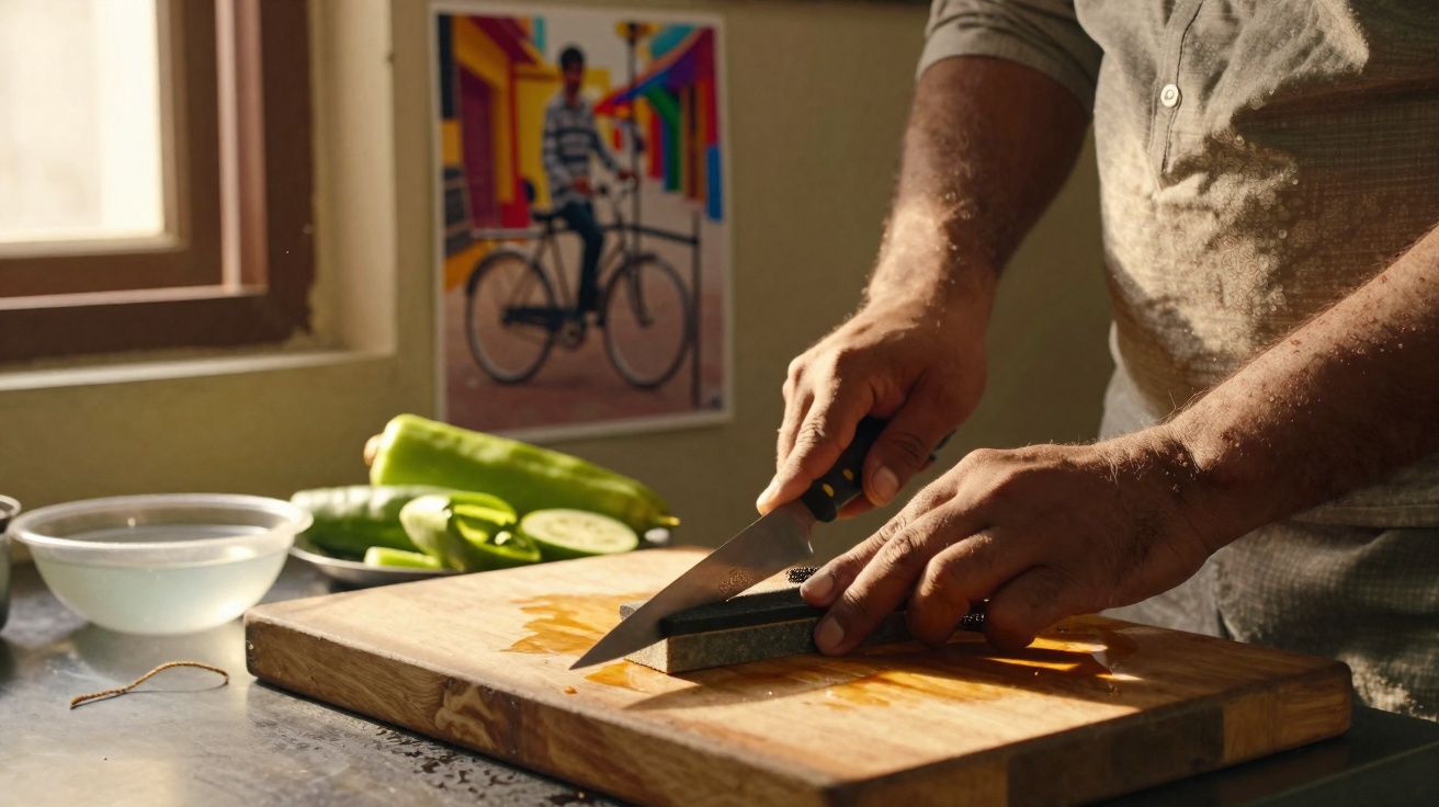 Persona cortando pepino sobre tabla de madera en cocina con luz natural y foto en la pared.