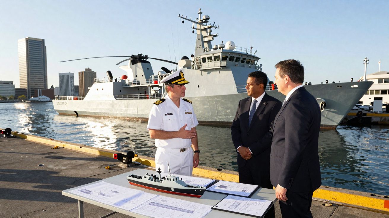 Oficial naval junto a dos hombres de negocios conversando junto a maqueta y planos frente a patrullera en el puerto.
