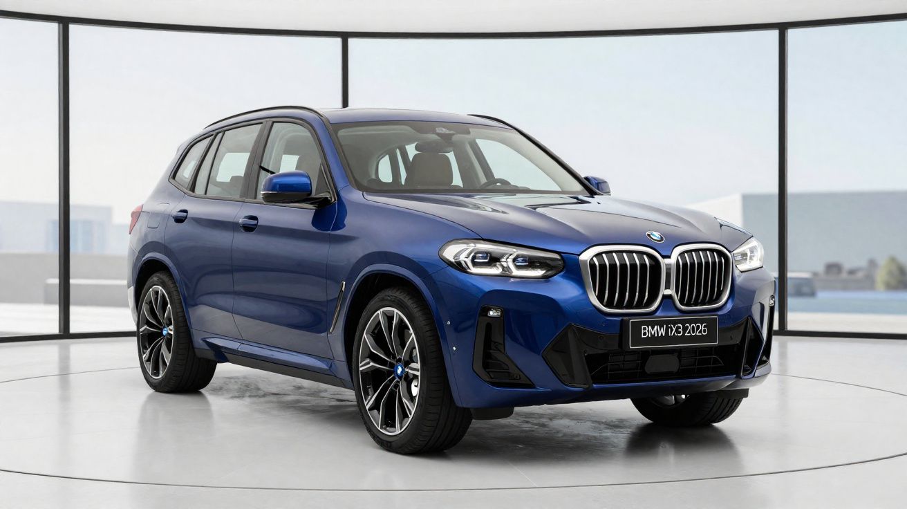 Coche SUV BMW iX3 2026 azul oscuro en un showroom con grandes ventanales curvos.