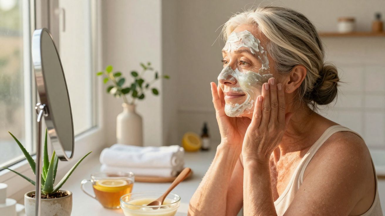 Mujer mayor aplicándose una mascarilla facial frente a un espejo en un baño luminoso y decorado con plantas.