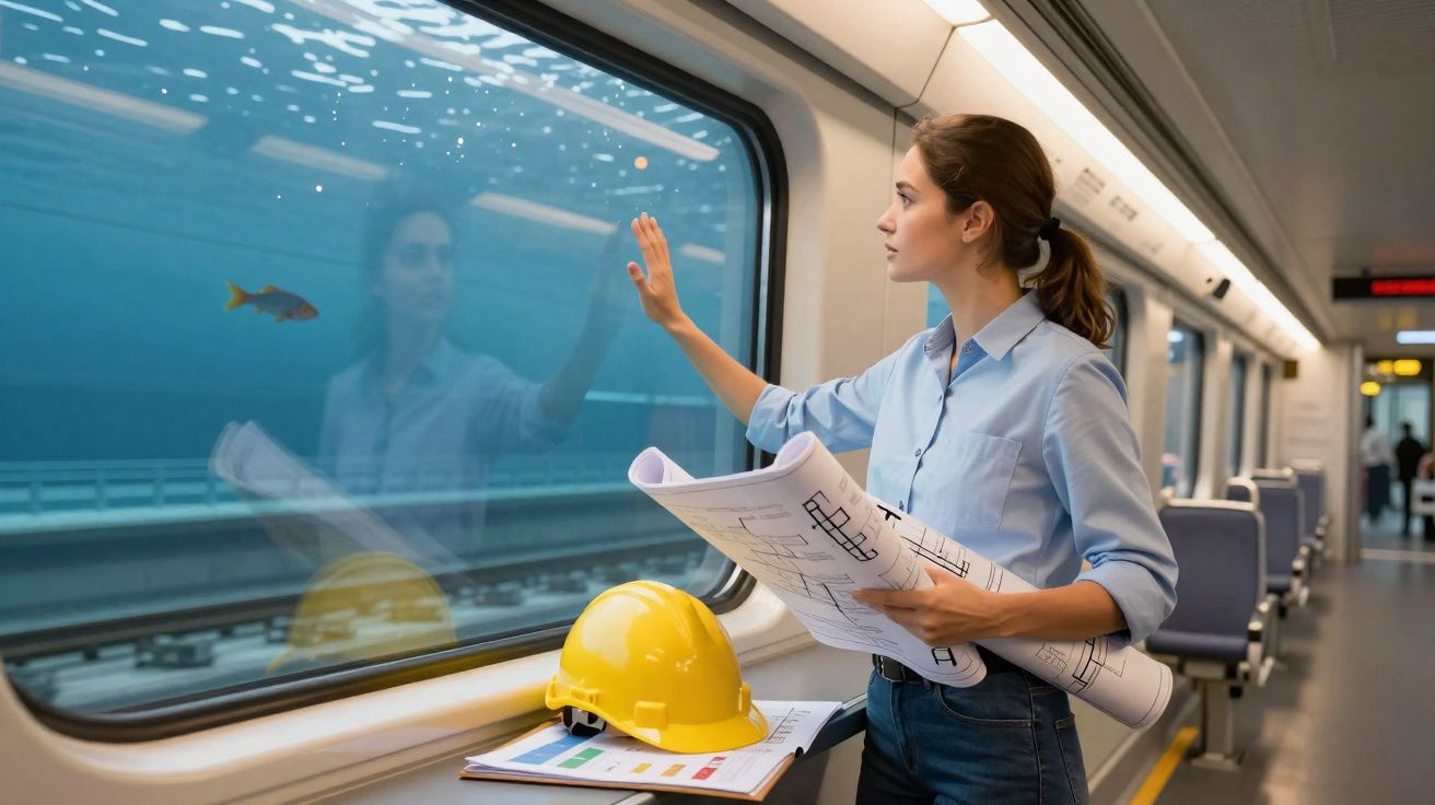 Mujer con planos y casco amarillo observa un túnel bajo el agua desde el interior de un tren.