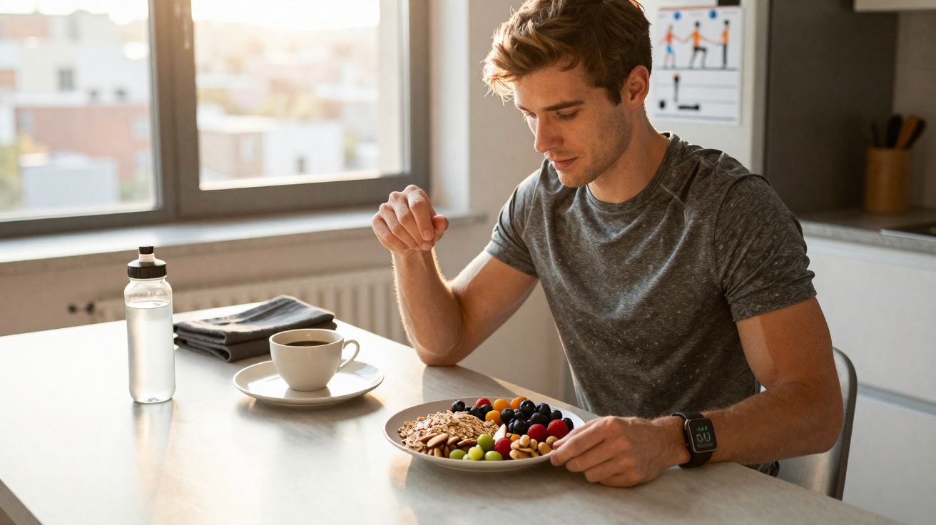 Hombre joven sentado en cocina mirando un plato con frutas y frutos secos, junto a una taza y una botella de agua.