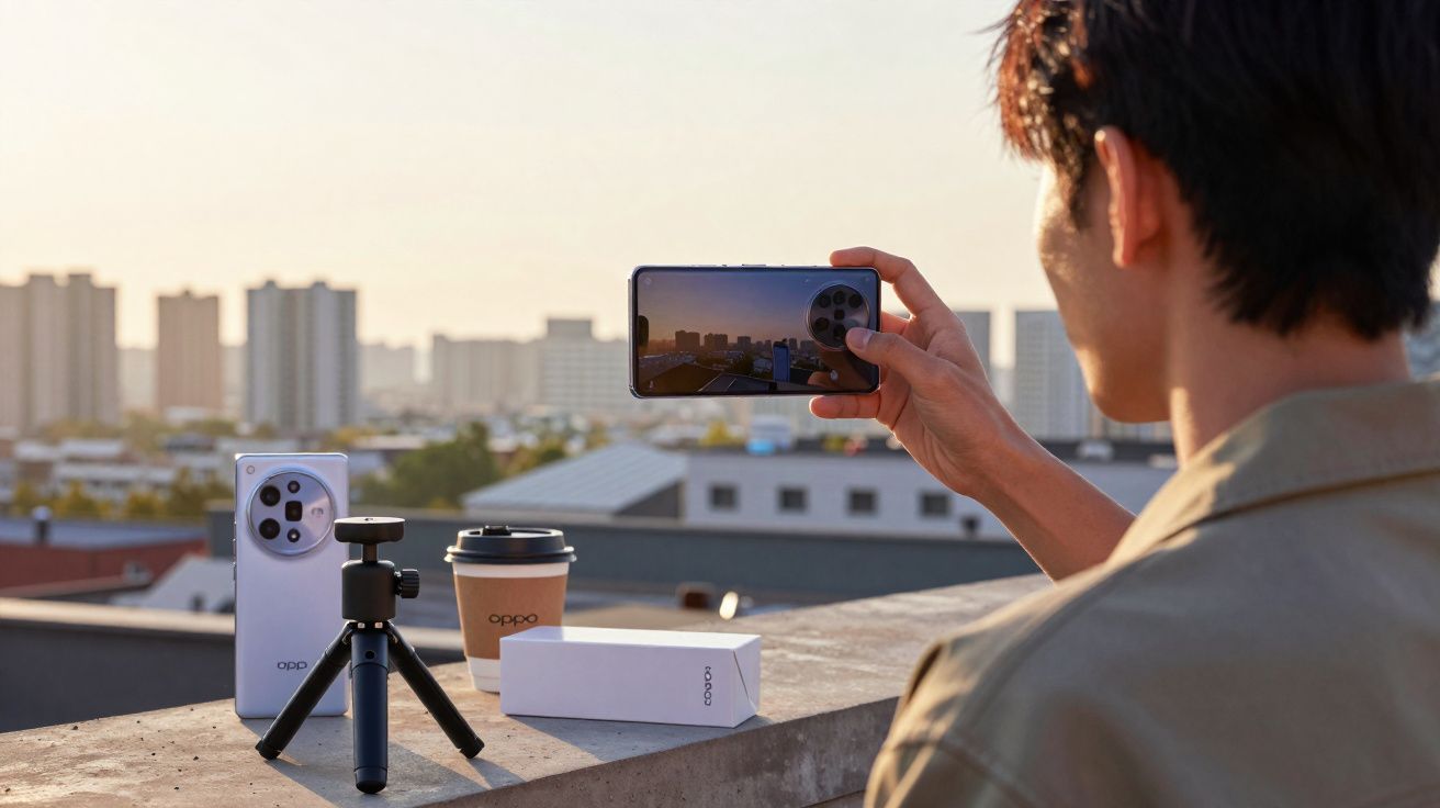 Persona tomando una foto con un móvil OPPO en una azotea al atardecer, junto a un trípode, caja y vaso de café.