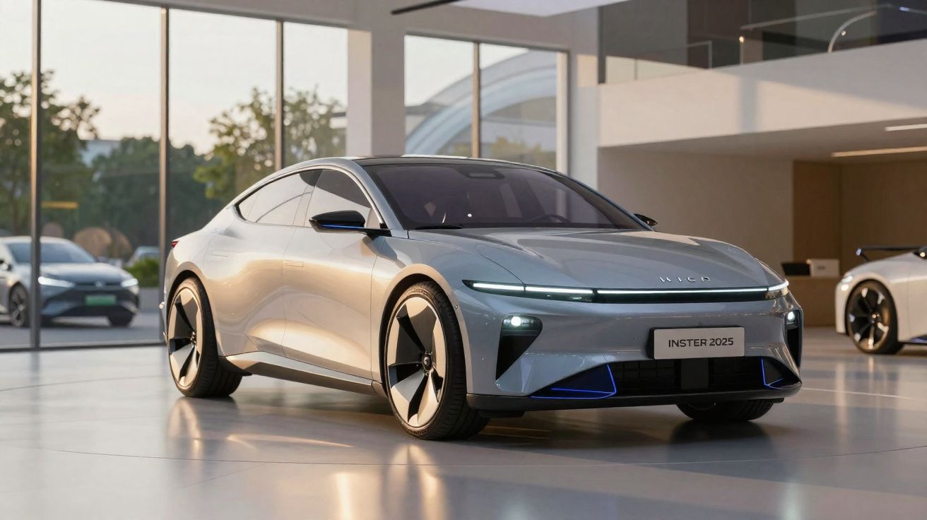 Coche eléctrico moderno gris estacionado en un showroom con grandes ventanales y reflejos en el suelo pulido.