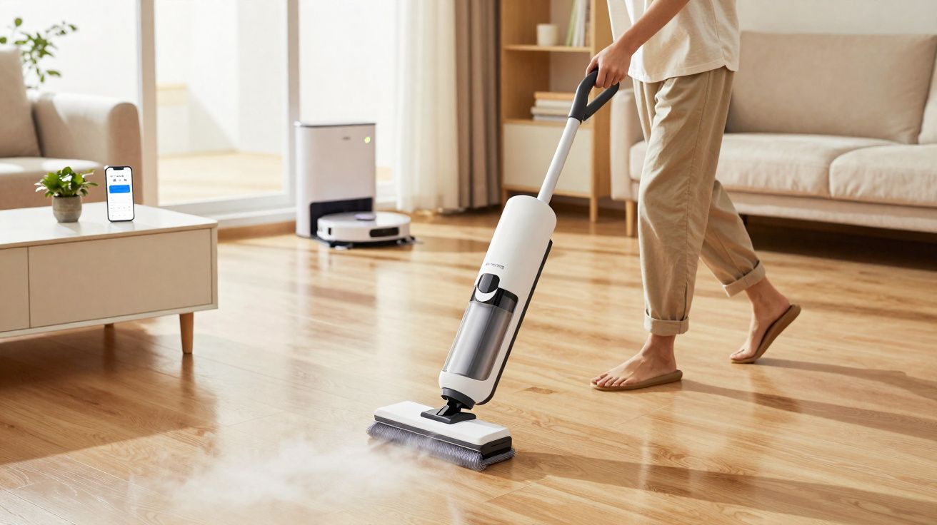 Persona limpiando el suelo con aspiradora de vapor en sala de estar moderna y luminosa.