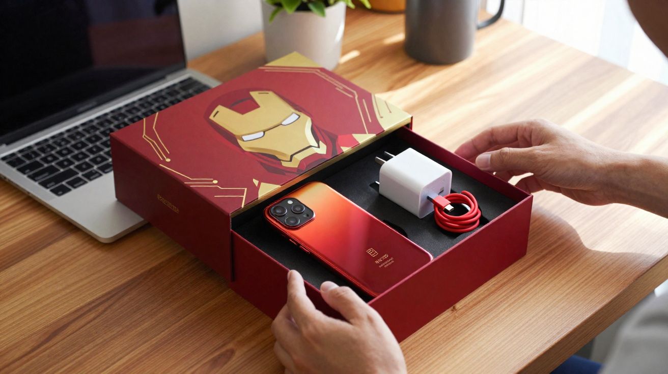 Caja roja de edición Iron Man con smartphone y cargador sobre mesa de madera, manos abiertas junto a ella.