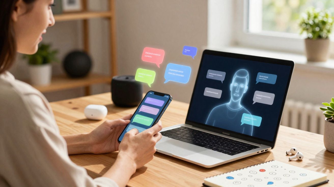 Persona usando móvil y ordenador portátil con interfaz gráfica de conversación digital holográfica.