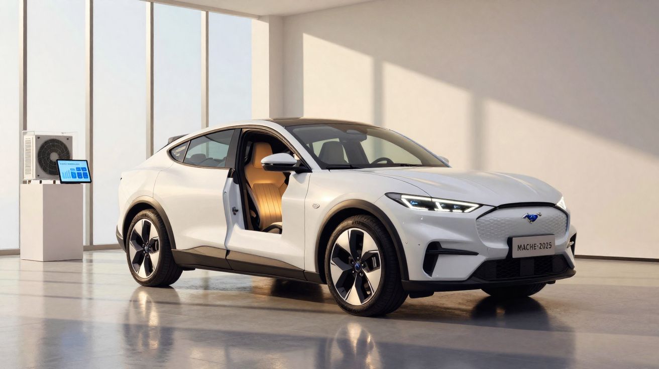 Coche eléctrico Ford Mustang Mach-E 2025 blanco con puerta delantera abierta en sala minimalista.