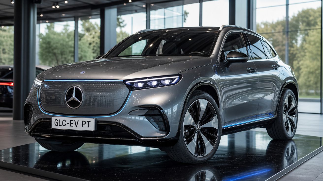 Coche eléctrico Mercedes-Benz GLC EV en exhibición en un espacio moderno con ventanas grandes.