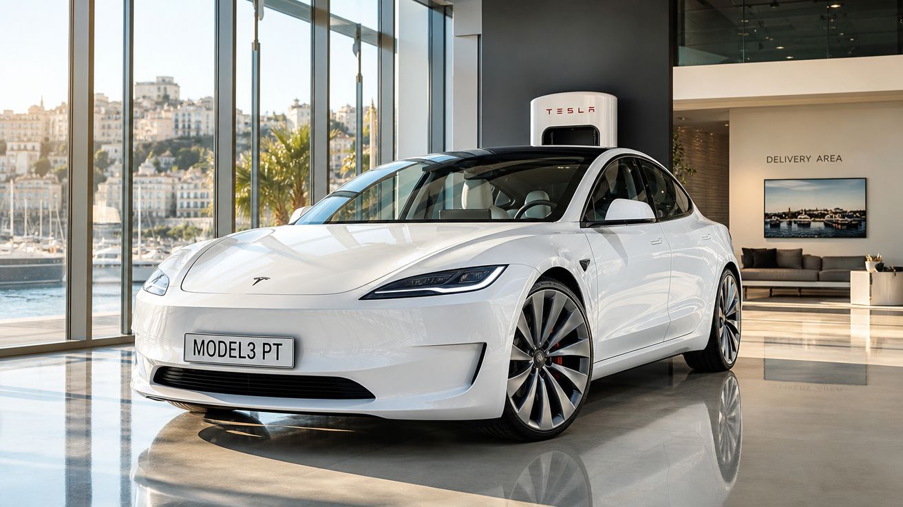 Coche eléctrico Tesla Model 3 blanco en exhibición en un showroom con gran ventanal y puerto marítimo de fondo.