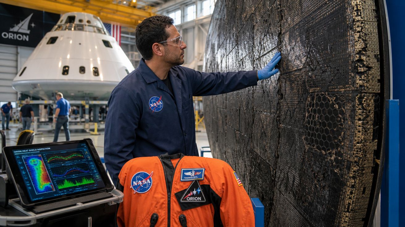 Ingeniero de NASA inspecciona escudo térmico deteriorado junto a un traje espacial naranja y una nave Orion.