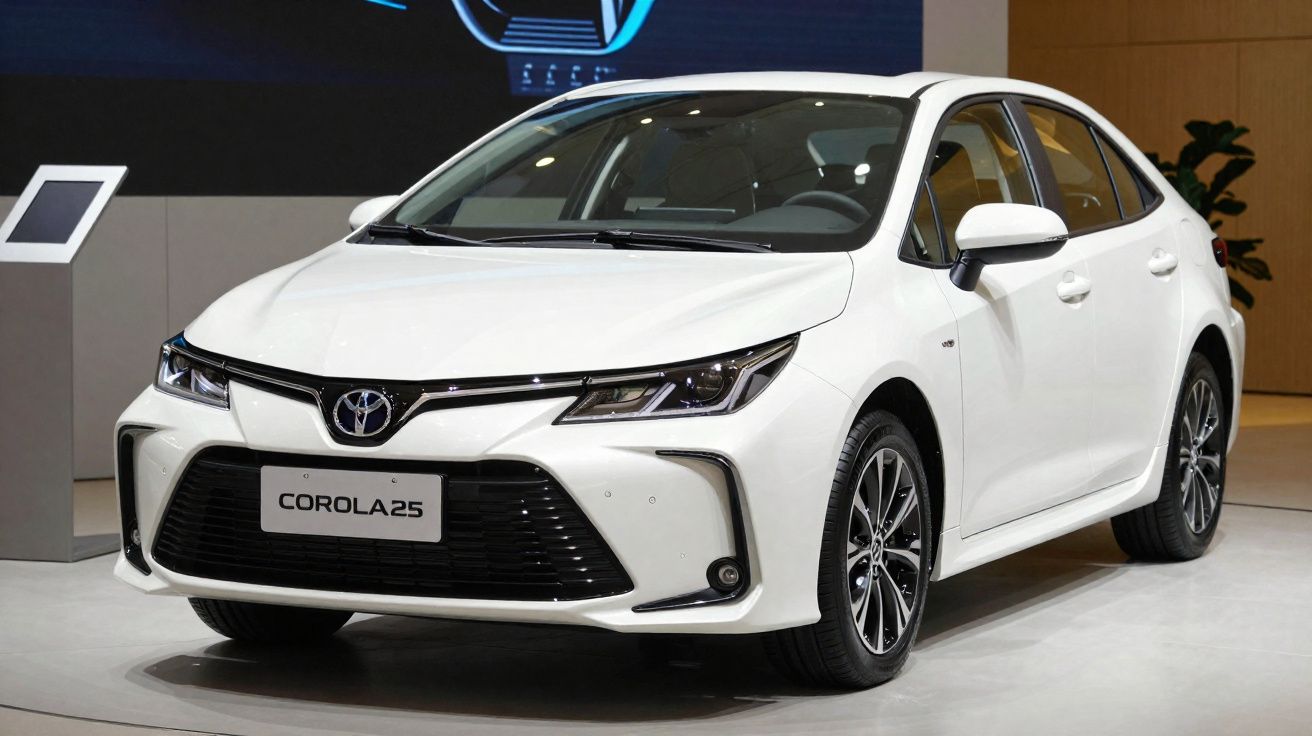 Coche Toyota Corolla 25 blanco presentado en salón del automóvil, vista frontal derecha.