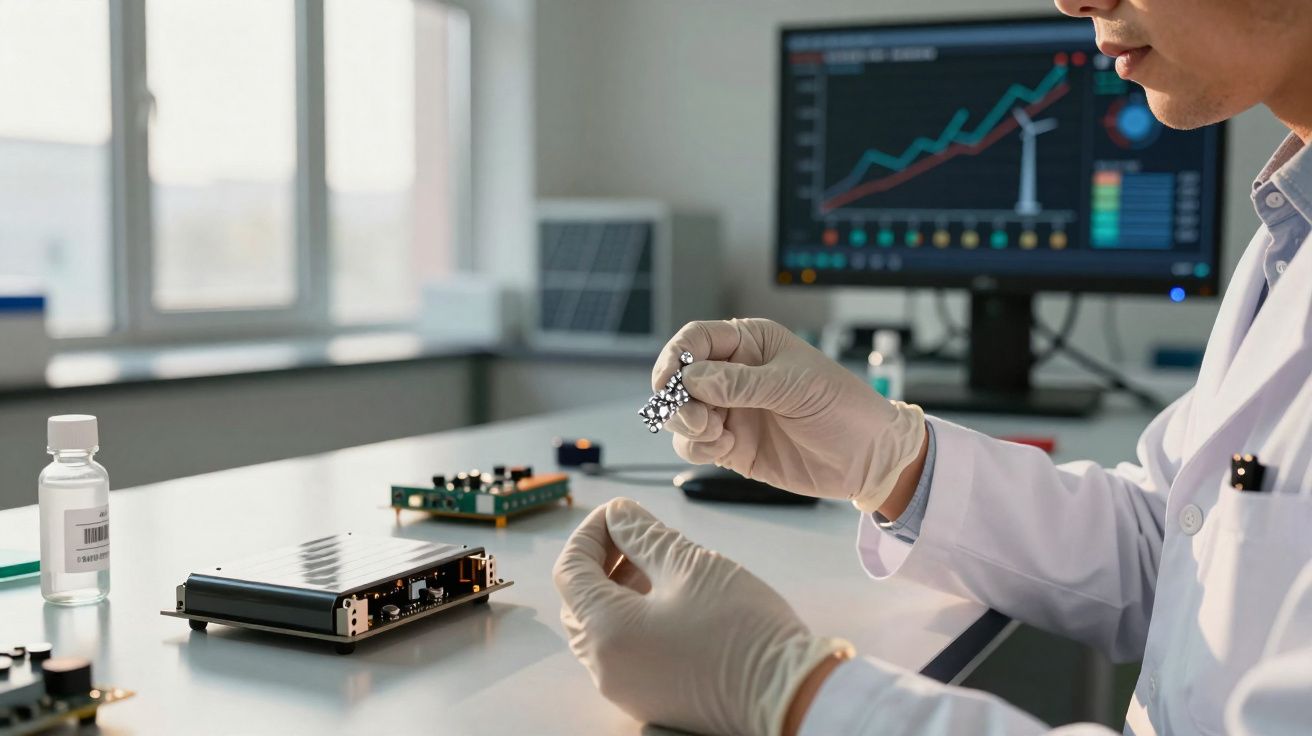 Científico con guantes manipula componentes electrónicos en laboratorio con gráfico de datos en pantalla.