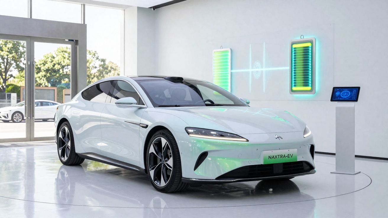 Coche eléctrico blanco NAXTRA-EV en un showroom moderno con gráfica digital de baterías y pantalla táctil.