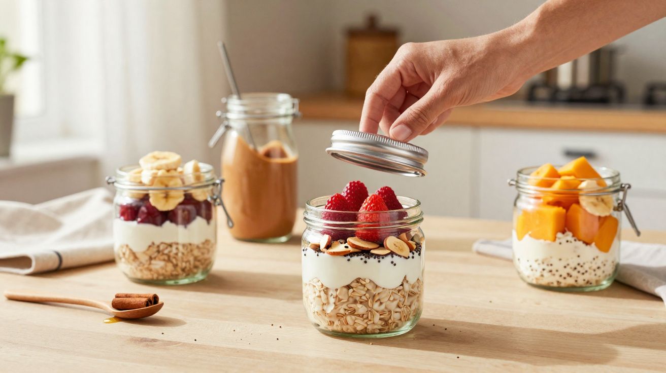 Mano destapando un tarro con yogur, copos de avena, fresas y almendras en mesa de madera en cocina.