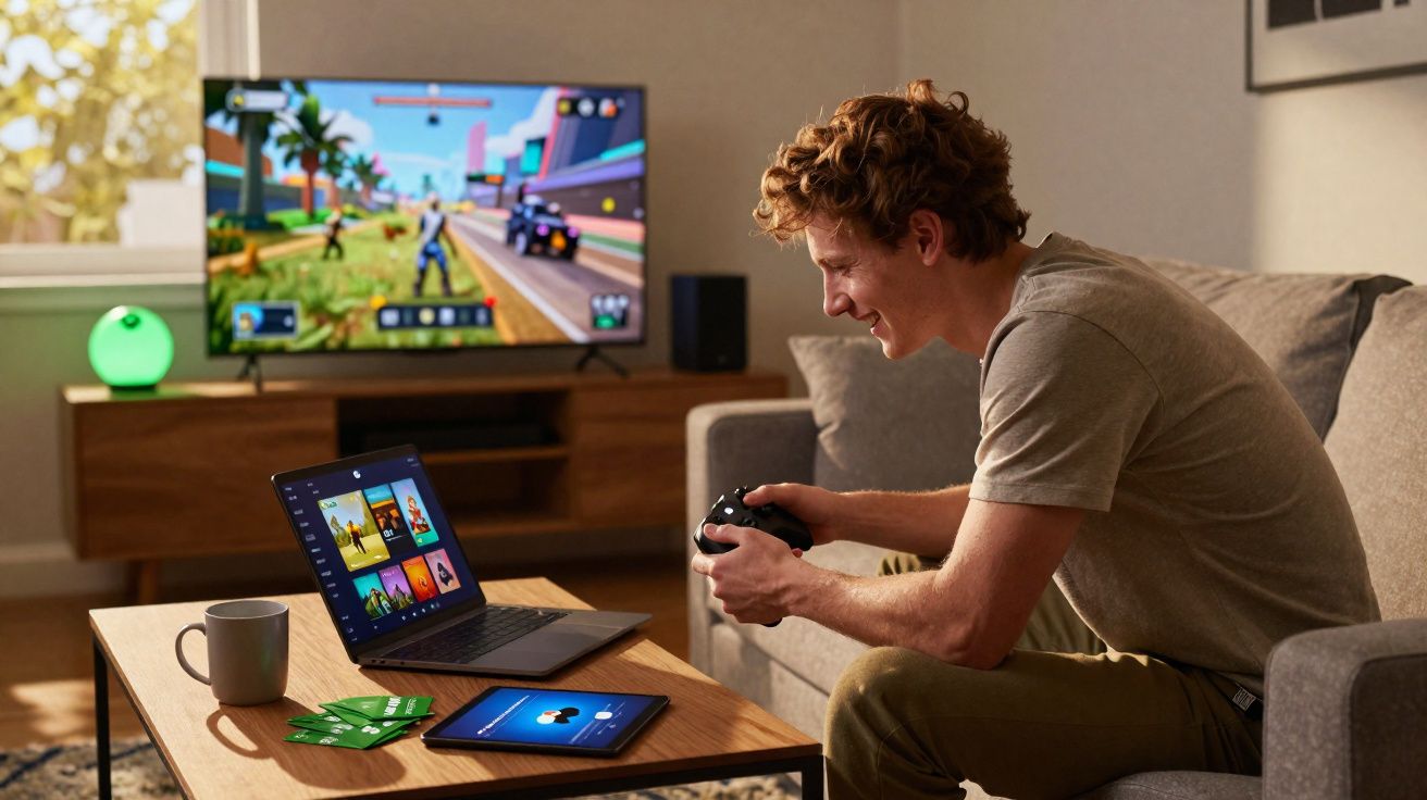 Joven jugando a videojuegos con mando, frente a un portátil, televisor y tablet en una sala de estar.