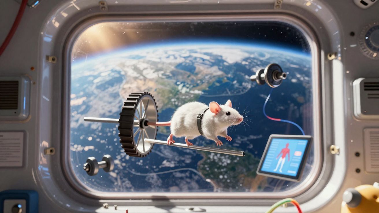 Ratón blanco con arnés en rueda de ejercicio dentro de una nave espacial con vista a la Tierra.