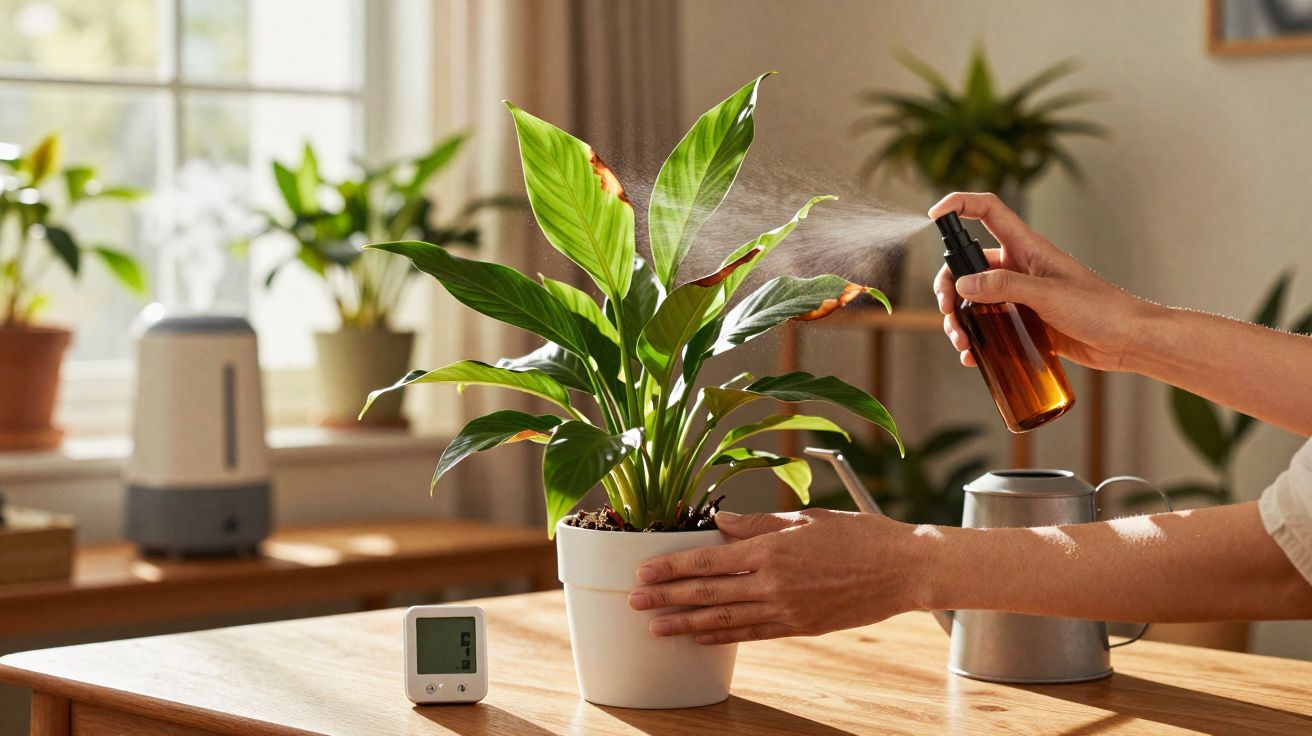 Manos pulverizando agua sobre una planta de interior en maceta blanca sobre una mesa de madera.