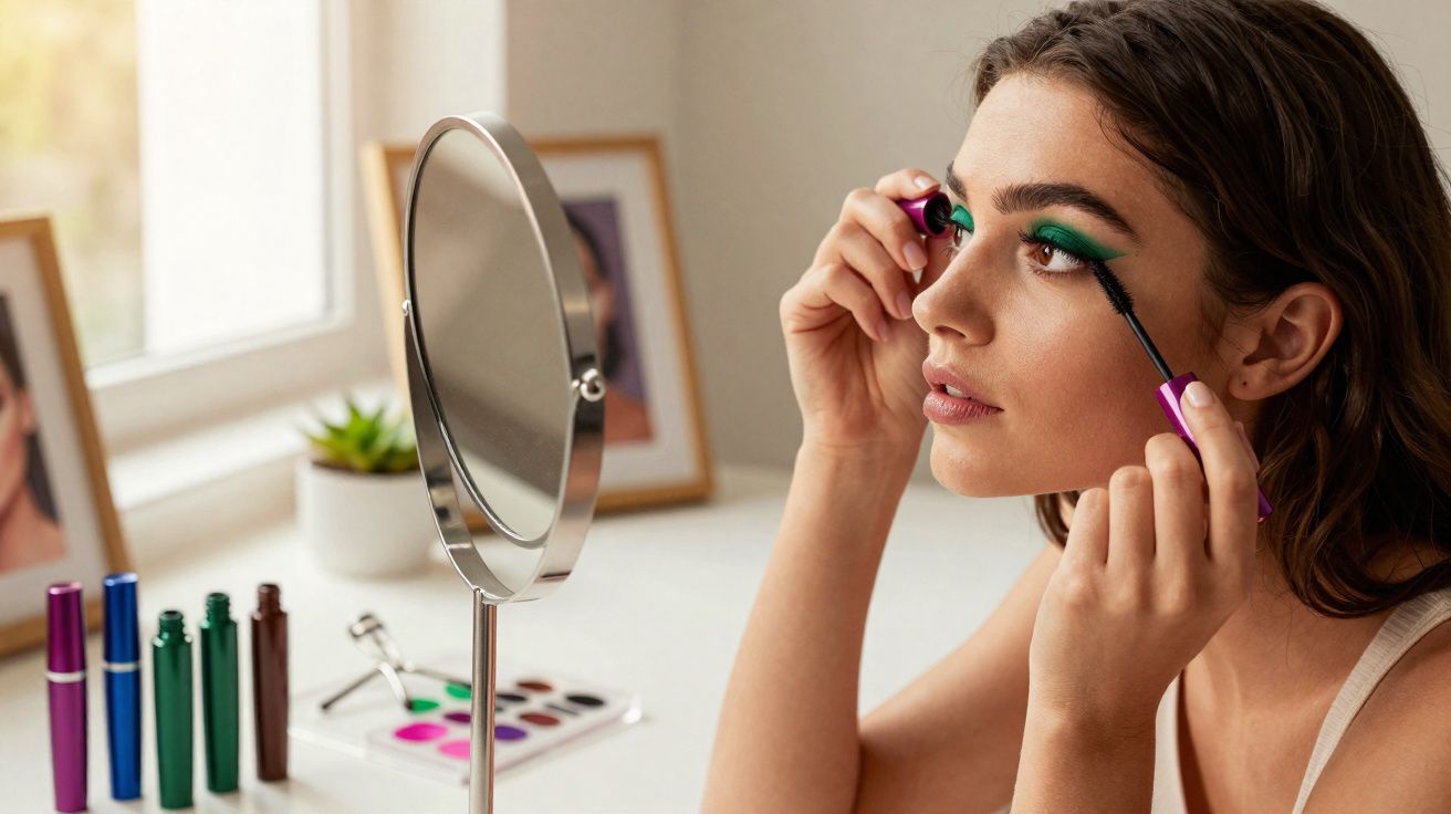 Mujer joven aplicándose máscara de pestañas frente a un espejo con maquillaje de ojos verde brillante.