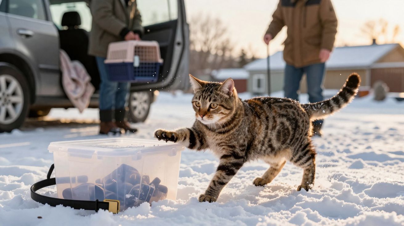 Gato atigrado jugando con un recipiente de plástico en la nieve, con dos personas y coche al fondo.