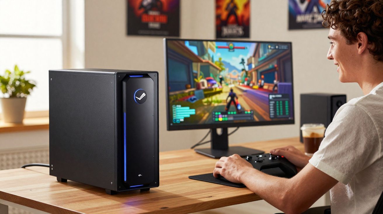 Joven jugando en un PC de escritorio con mando en una habitación con posters y planta cercana.