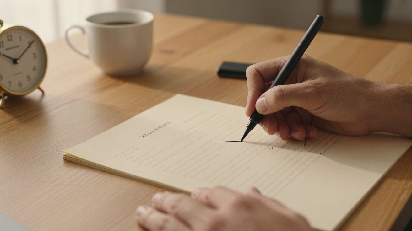 Mano escribiendo en formulario junto a taza de café y reloj sobre mesa de madera.