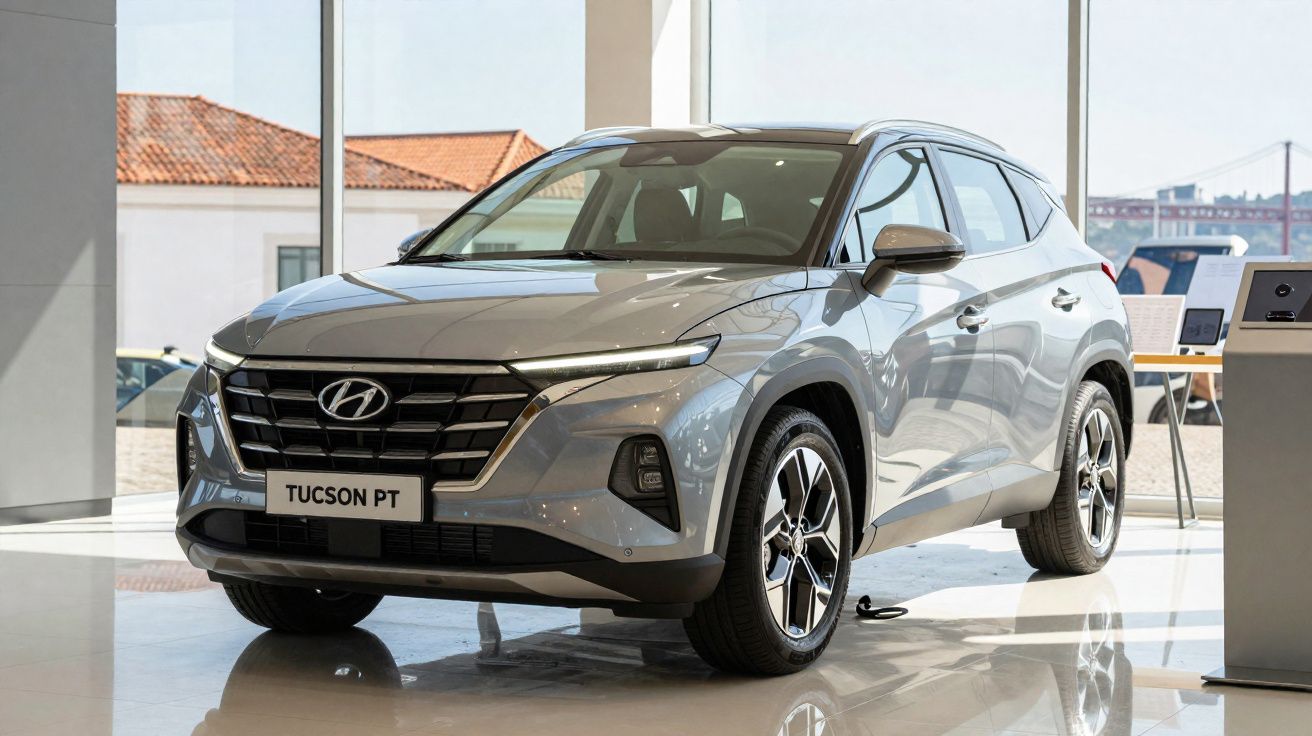 SUV Hyundai Tucson gris estacionado dentro de un concesionario con luz natural.