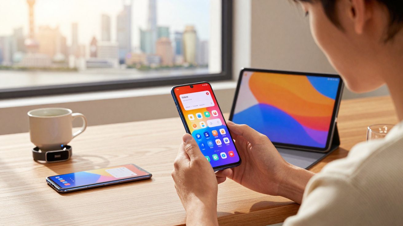 Persona usando un smartphone con pantalla encendida en una mesa junto a una tablet, otro móvil y una taza cerca de una ventan