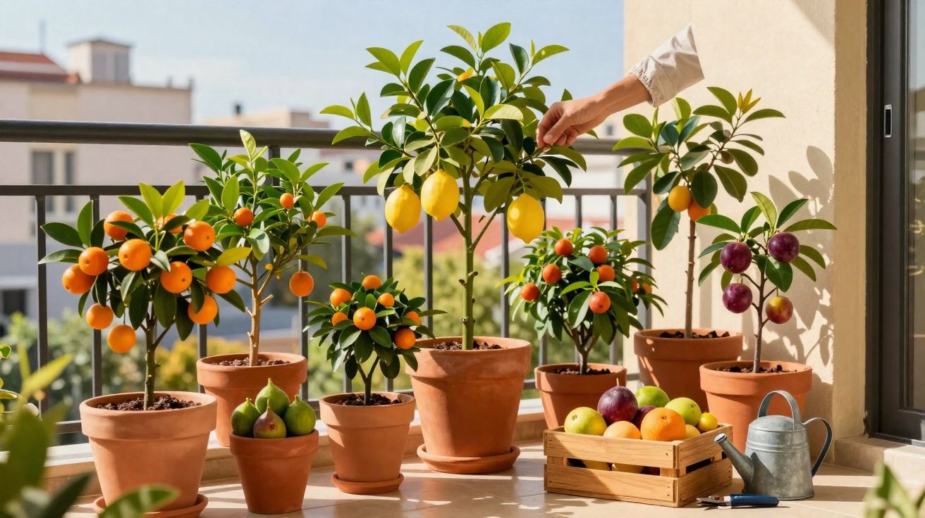 Balconcillo con macetas de árboles frutales y una mano recogiendo un limón maduro.