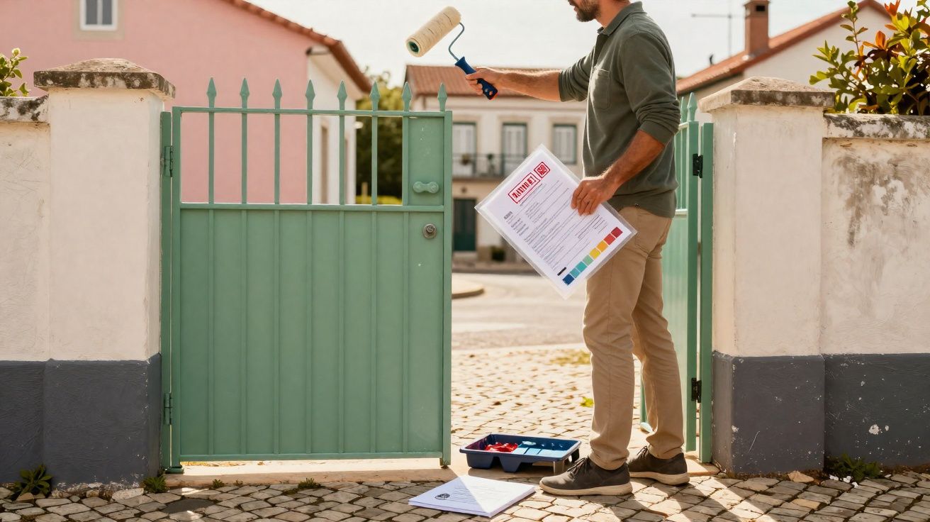 Hombre entrega notificación oficial y sostiene rodillo de pintura junto a una puerta verde de una casa.