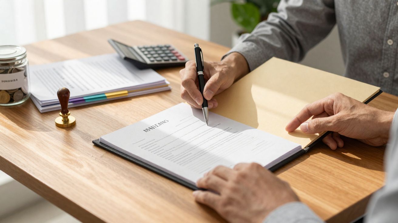 Persona firmando un documento en una carpeta sobre una mesa con calculadora y sello.