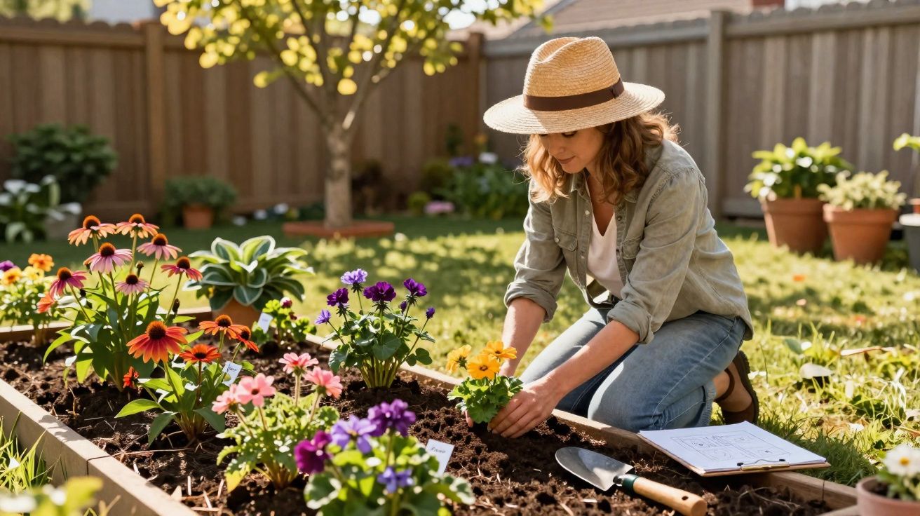 Mujer con sombrero plantando flores en un jardín soleado con herramienta y cuaderno al lado.